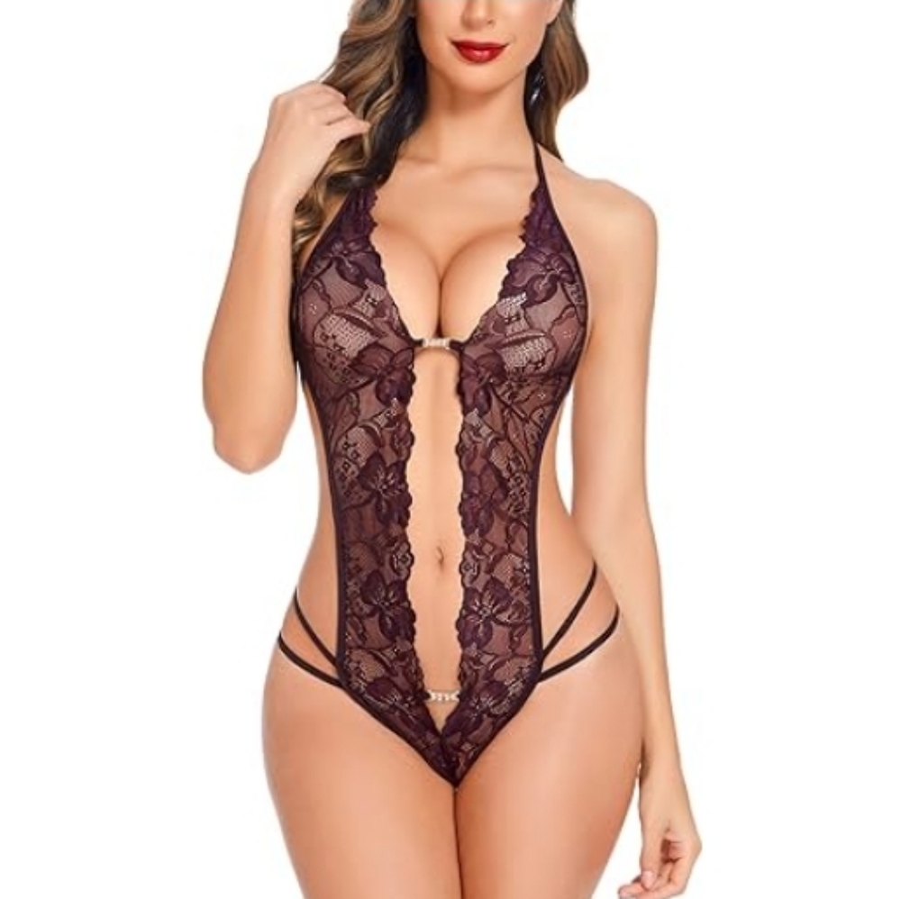 One Piece Nightie Lingerie Sexy Lace Bodysuit Deep V Teddy Nightgown Wineberry - Picture 5 of 6